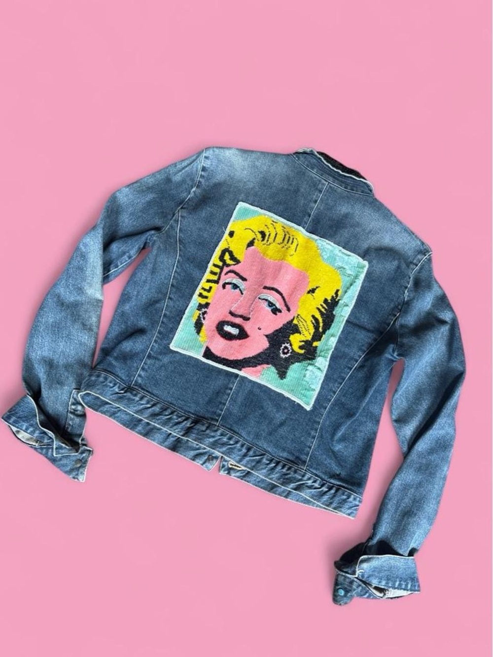 Vintage y2k Denim Jacket with Pop Art Marilyn Patch - Blue